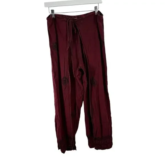 Soft Surroundings Maroon Embroidered Pull On Wrap Pants Boho Lagenlook Womens Md - Picture 2 of 7
